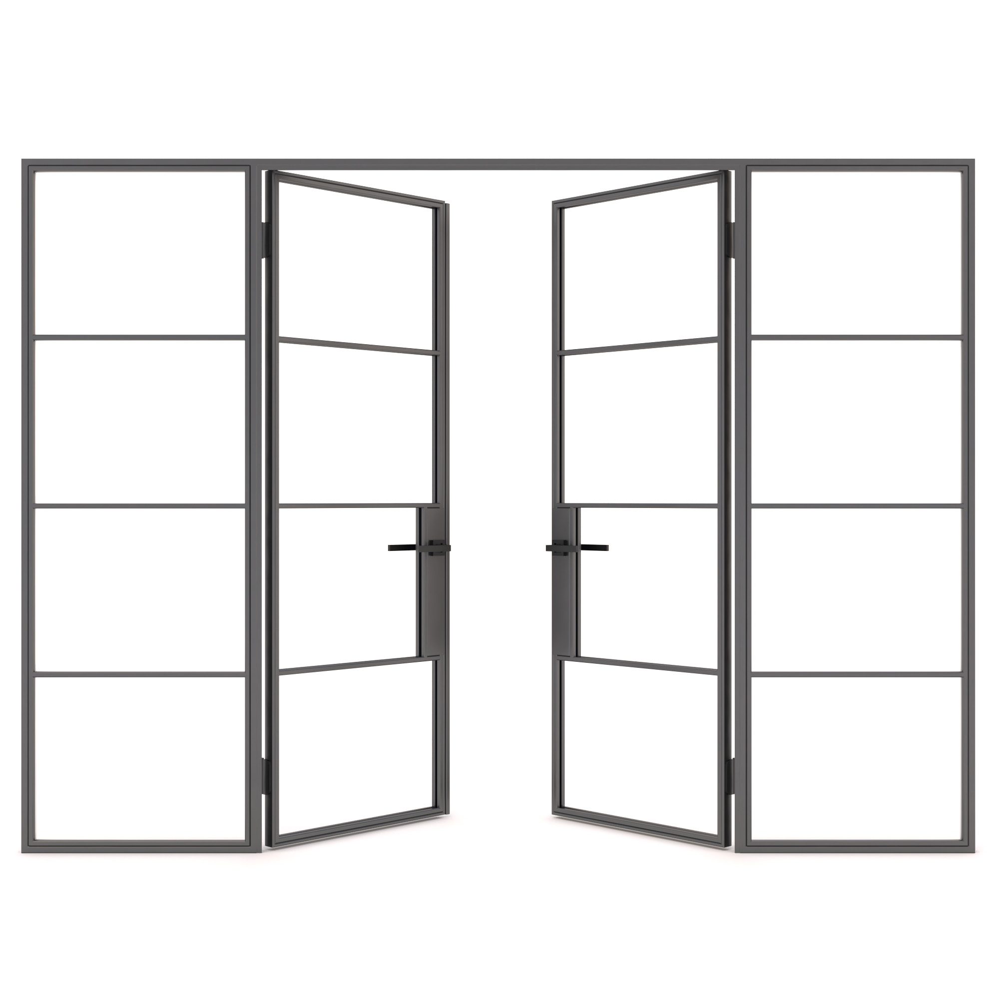 Modern glass-panel double doors with black metal frame.