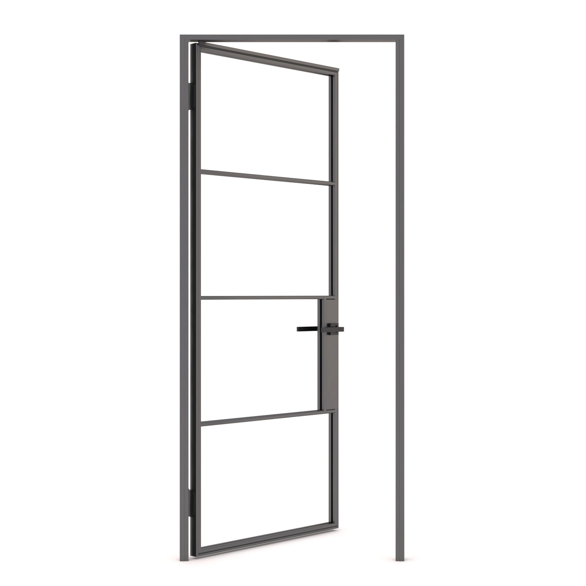 Modern black metal framed glass door ajar in white space