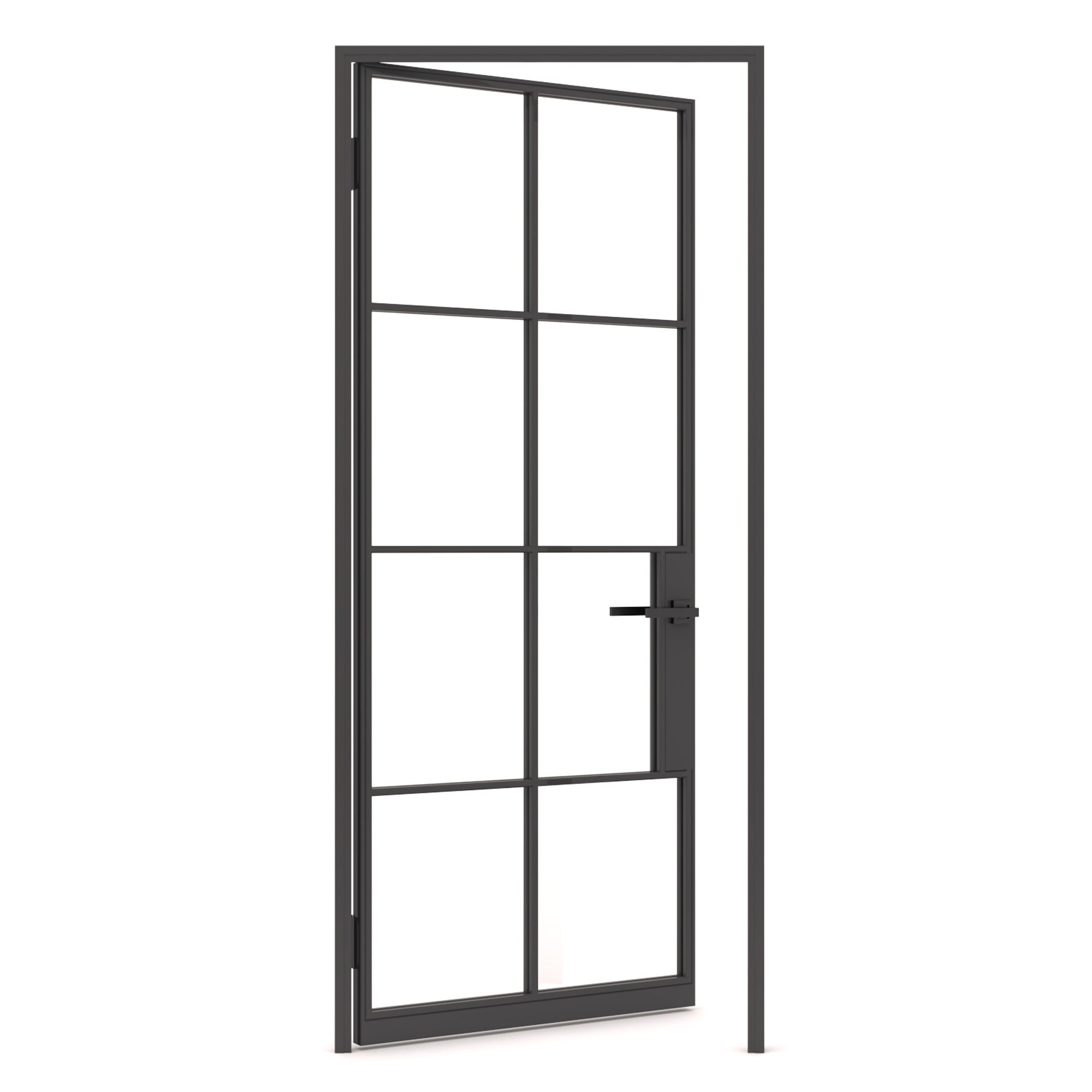 Modern black metal framed door with glass panels open halfway