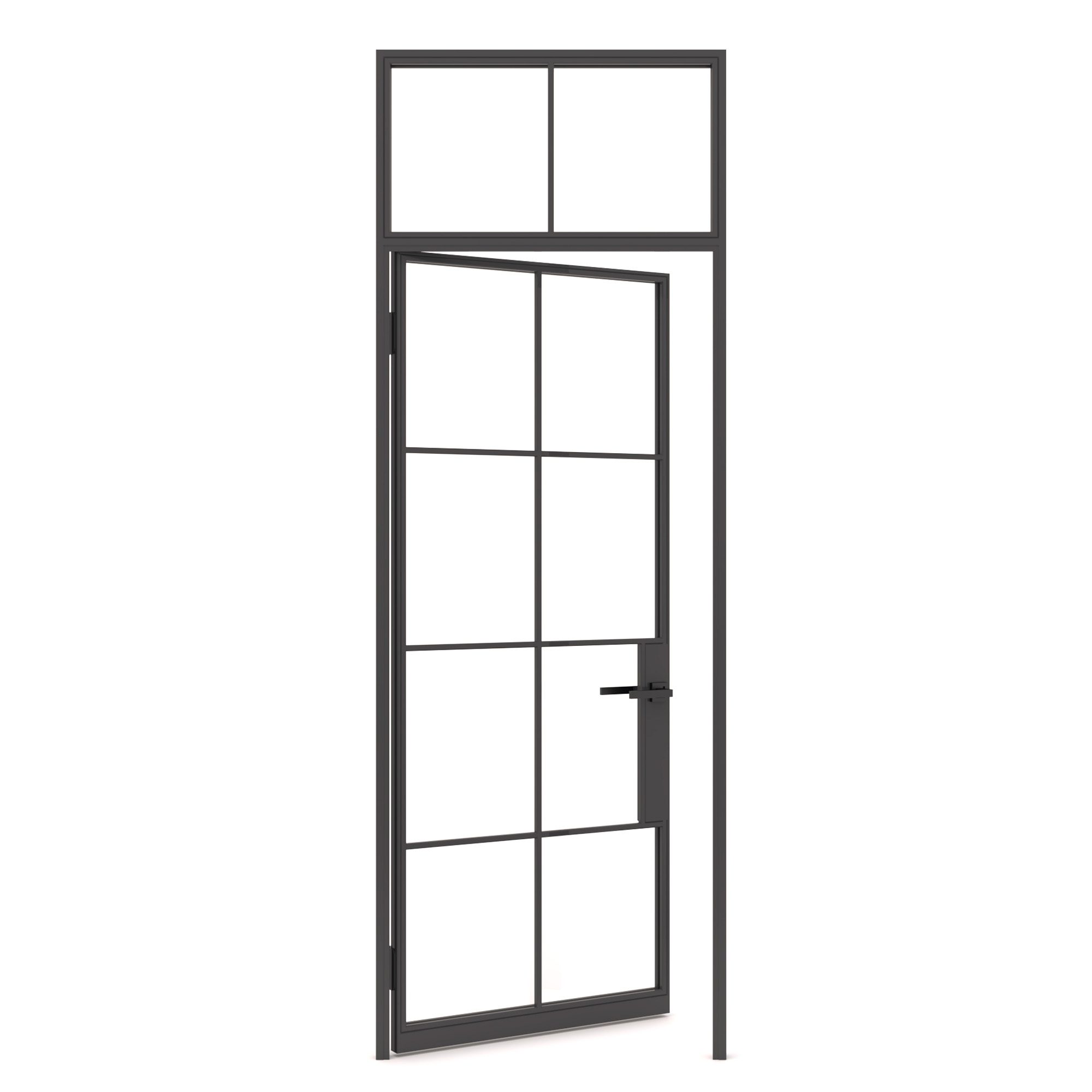 Modern black framed door with glass panels and transom window