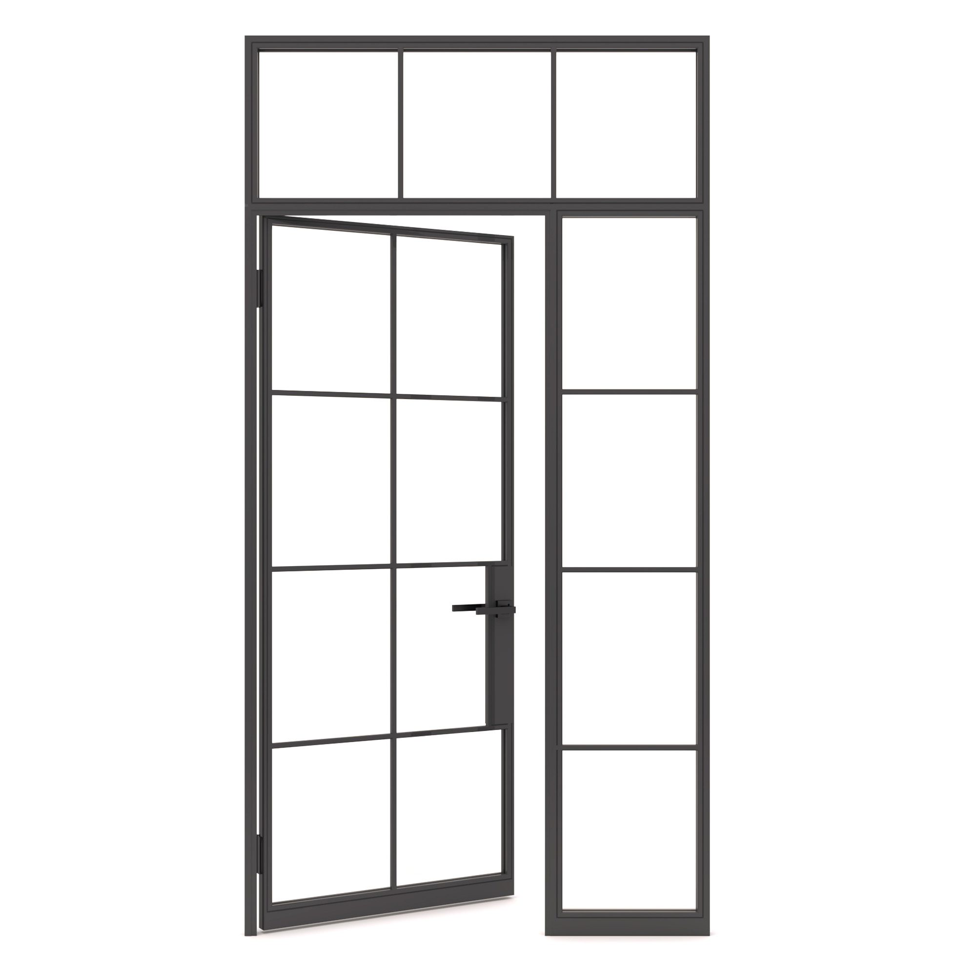 Black-framed glass door with transom and side panels open