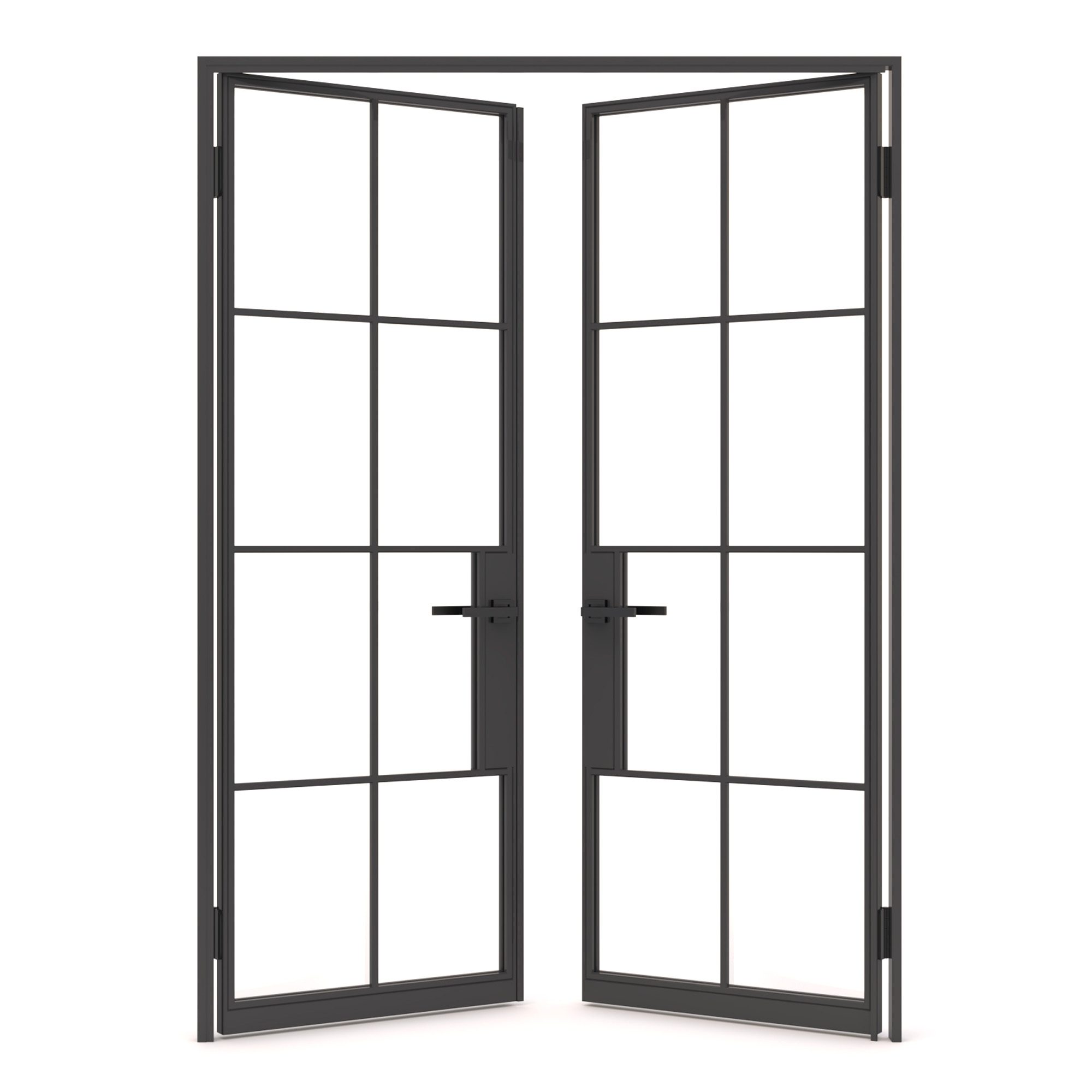 Elegant black framed double doors with open glass panels
