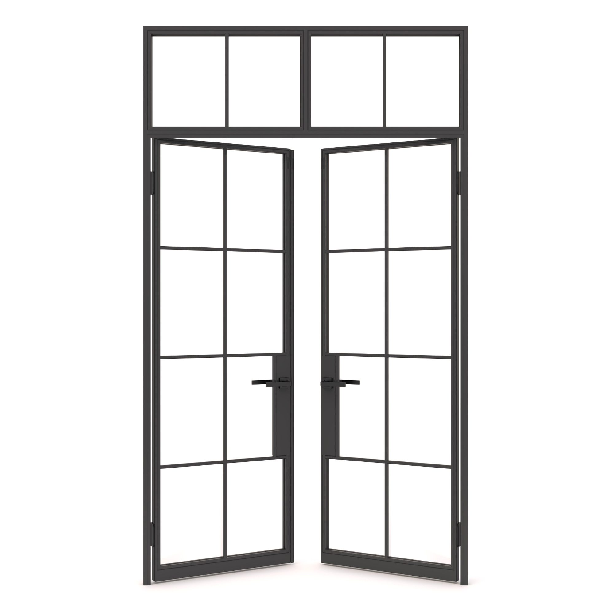 Black French doors with rectangular window panes and transom
