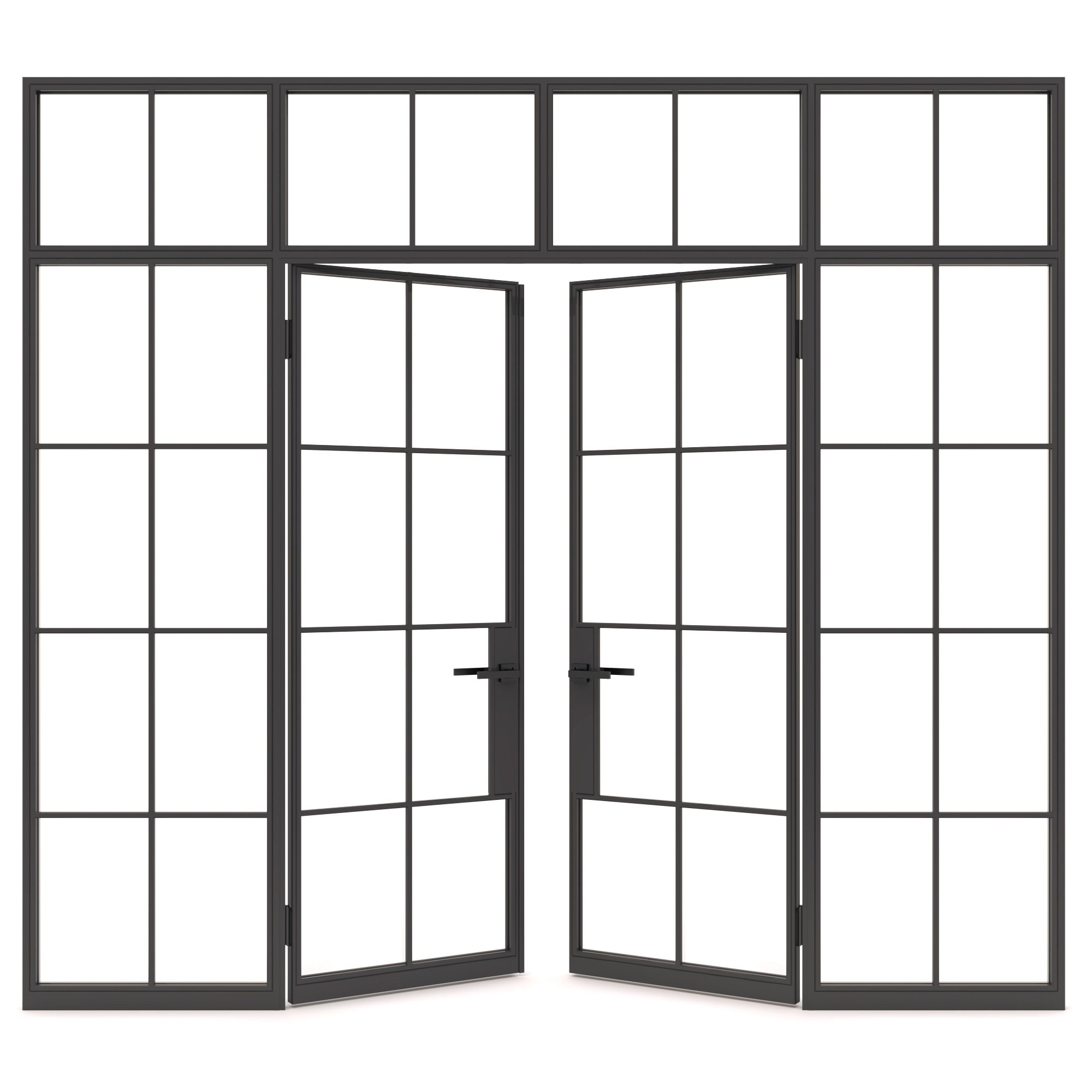 Minimalist black framed glass doors with grid design open