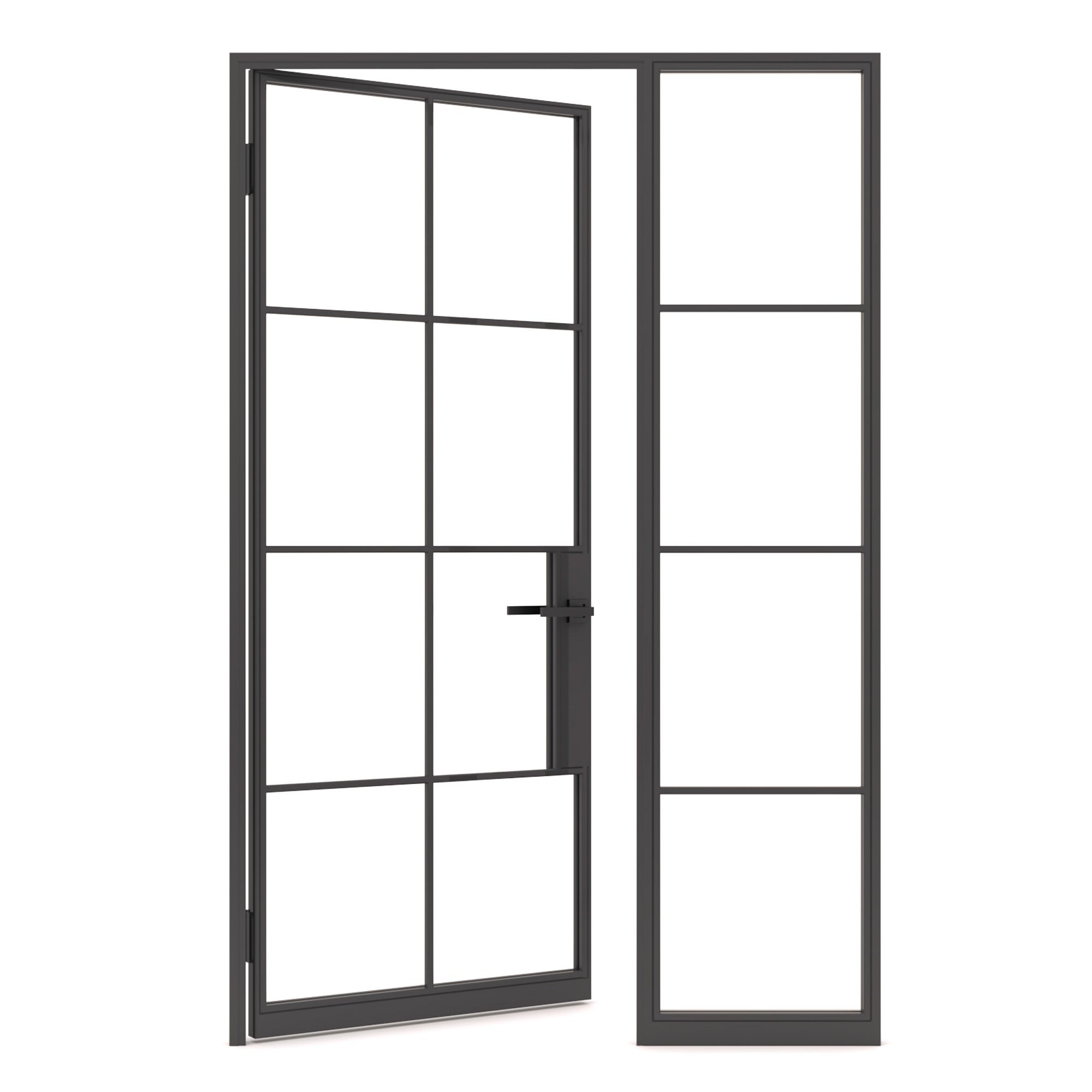 Black framed modern glass door with grids open angle view