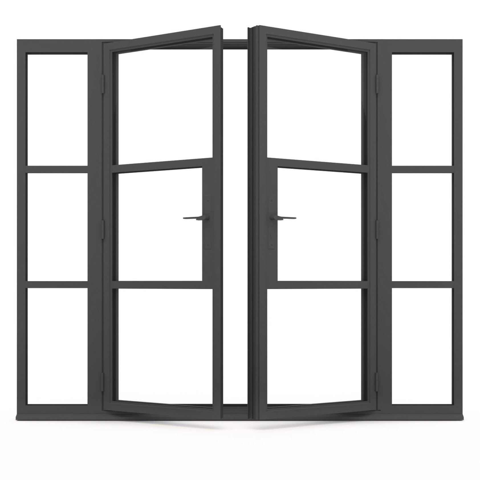 Black framed folding window with clear glass panels.