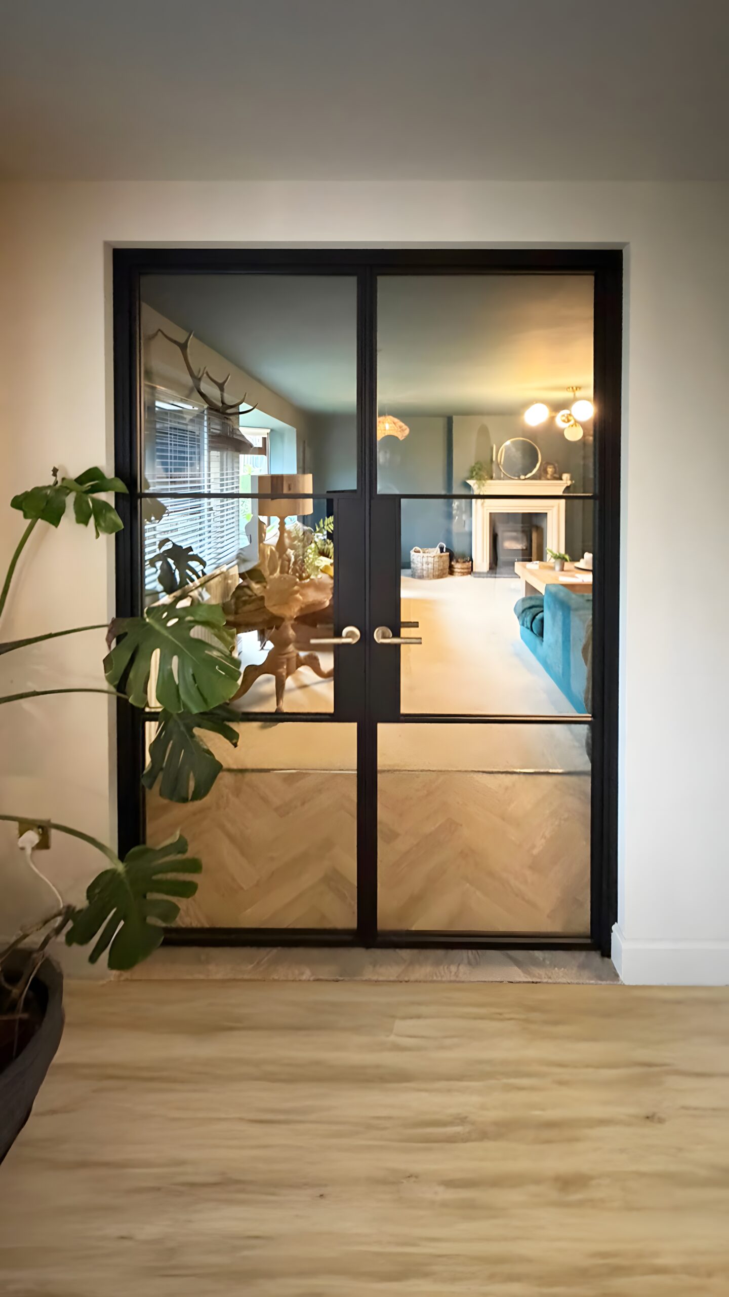 isteel-doors Modern steel glass doors leading to stylish living room interior
